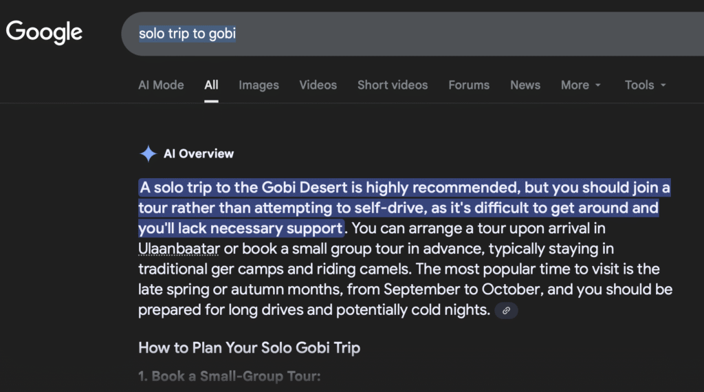 Yes, you can travel to the Gobi solo.