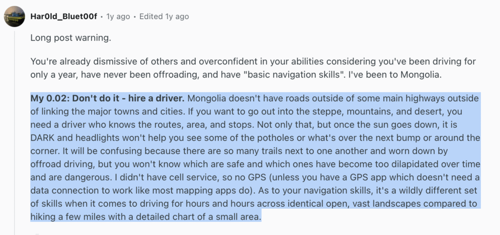 Conduire seul en Mongolie ? Voici ce que reddit vous dira.