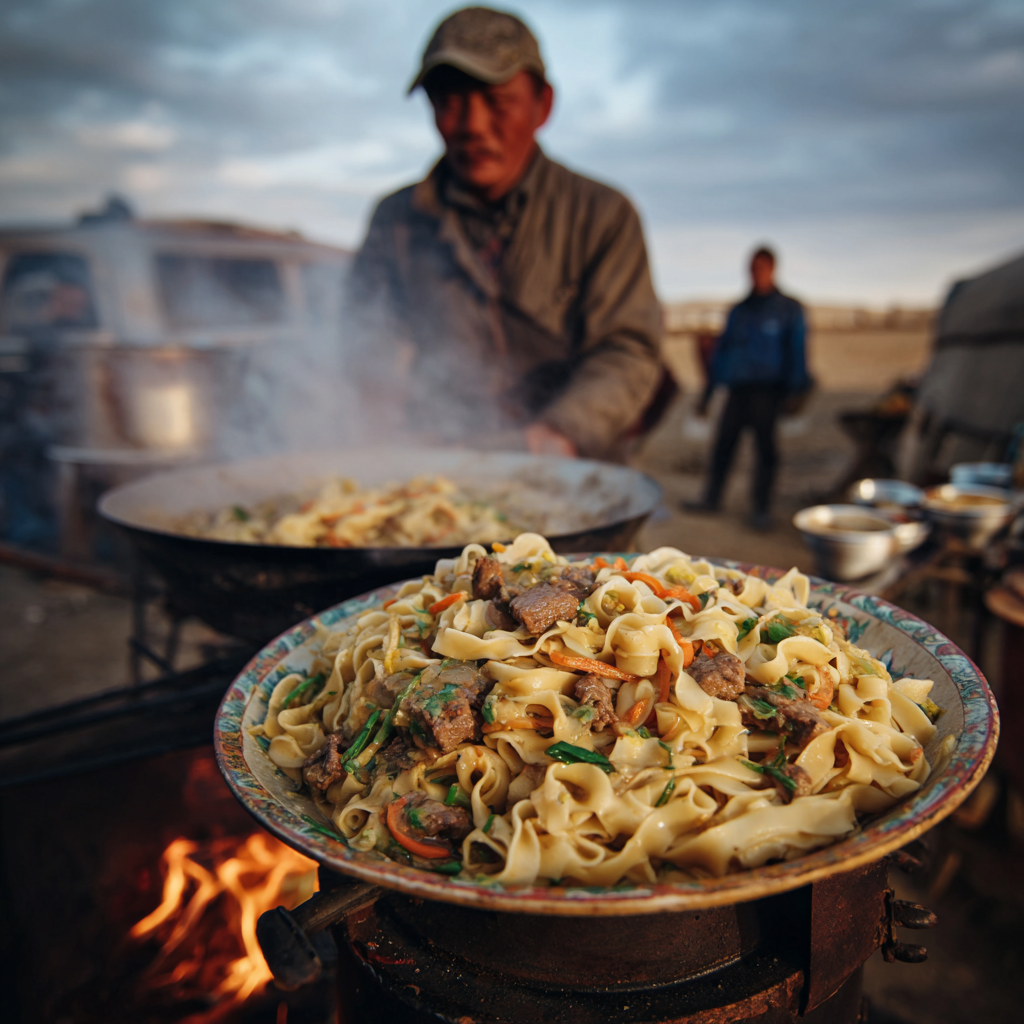 Mongolian's favorite cuisine lunch in summer: Tsuivan